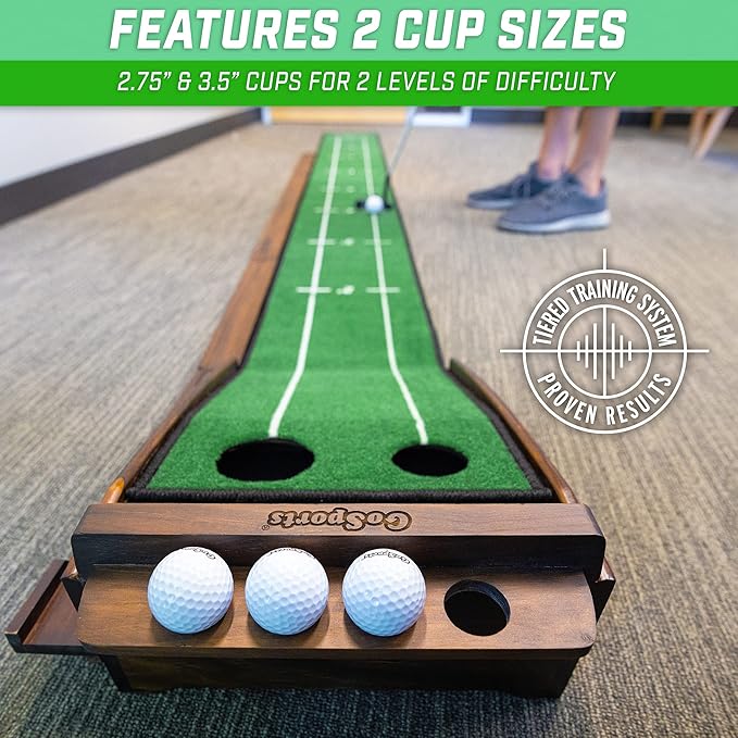 GoSports Pure Putt Golf 9 ft Putting Green Ramp - Black or Brown - Premium Wood Training Aid for Home & Office Putting Practice - Includes 4 Golf Balls