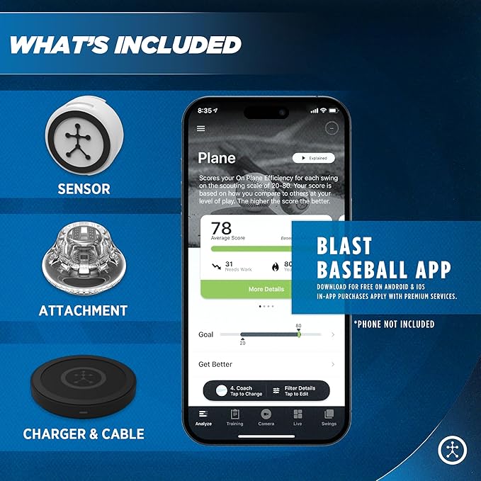 Blast Motion Baseball Swing Analyzer - Improve Your Swing at Every Level - Batting Trainer - Real-time Feedback, Swing Metrics, Video Capture Highlights, Track Performance (GEN3 Sensor)