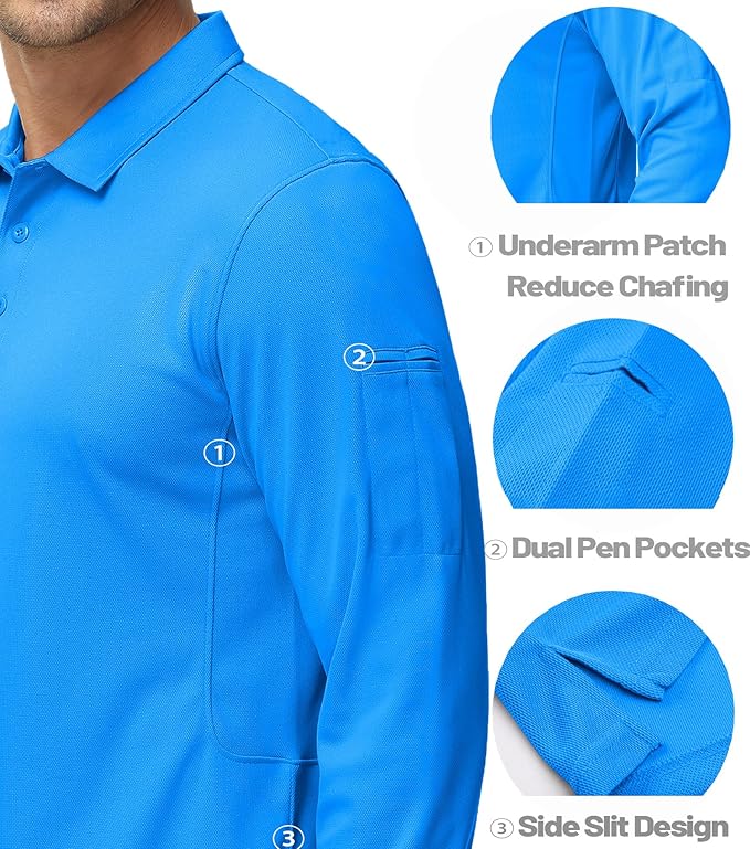 MAGCOMSEN Men's Polo Shirts 3 Button Quick Dry Performance Long Sleeve Tactical Shirts Pique Jersey Golf Shirt