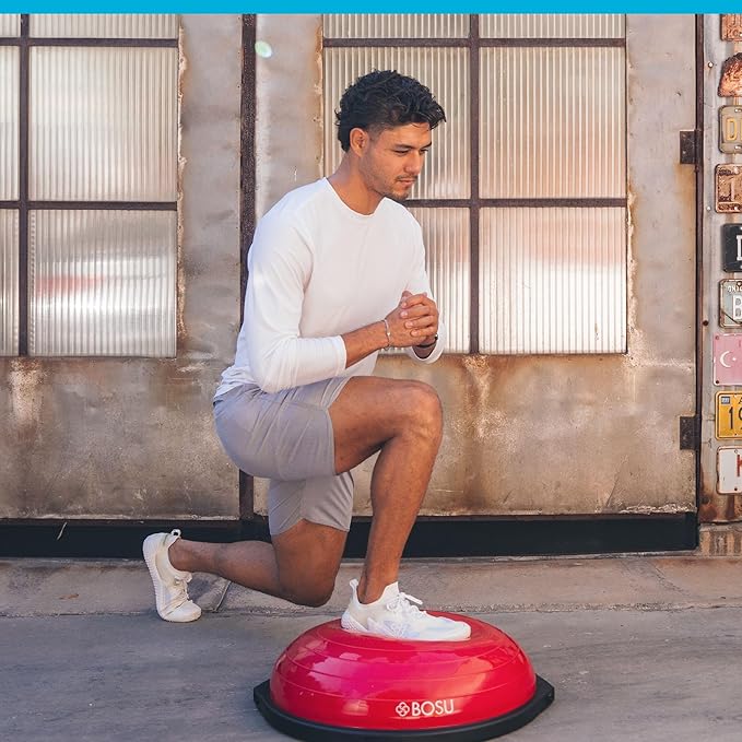 Bosu Balance Ball Exercise Trainer, Home Gym Equipment w/ Guided Workouts & Pump, 26", Blue - Inflatable Fitness Platform for Strength Training, Standing, Balancing, and Core Workout