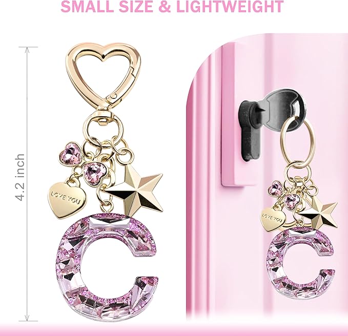 Cute Bling Keychain initial Letter Butterfly Star Pink Purple Gift for Women Girls Bag Cup Charms Accessories