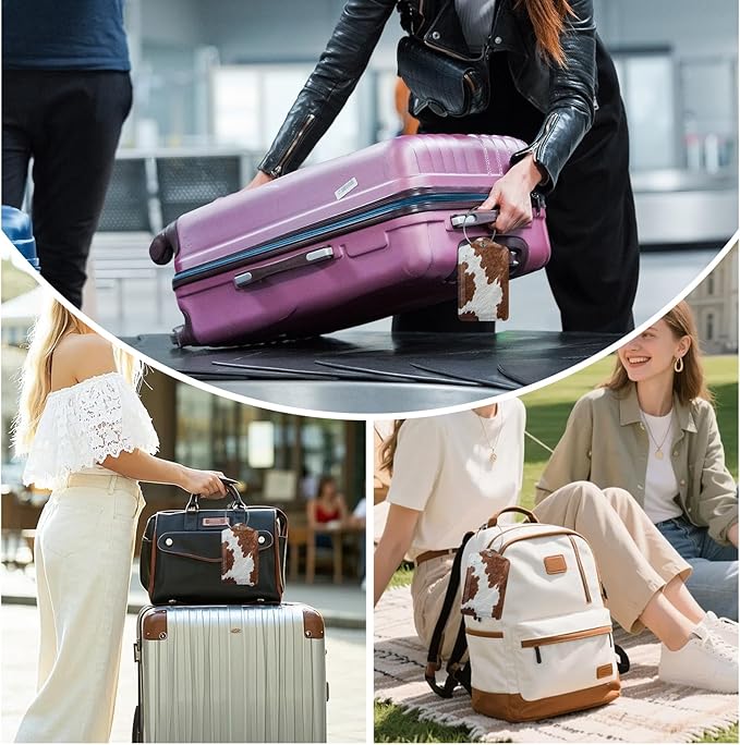 3 Pack Cowhide Brown Luggage Tags for Suitcase Animal Cow Skin PU Leather Travel Luggage Tag Privacy Cover ID Label for Women Men Baggage Backpack Handbag School Bag