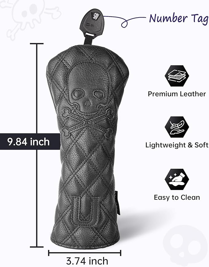 Golf Club Covers – Driver Headcover, Black Skull Leather, Fairway Wood & Hybrid, 3 Wood Headcover, Waterproof Easy-Clean, Universal Fit