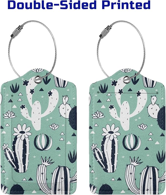 2 Pack Cute Cactus Green Suitcase Tags Identifiers Unique Leather Luggage Tags with Stainless Steel Loop Privacy Cover ID Label for Women Men Girls Boys Travel