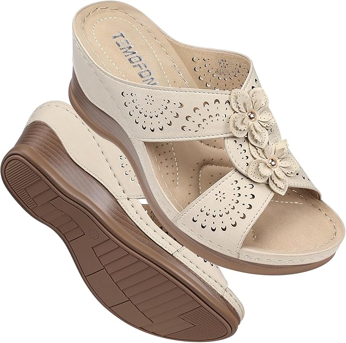 TEMOFON Womens Wedge Sandals Leather: Dressy Sandal, Rubber Sole, Comfortable Walking, Casual Slip on Summer Shoes, Size 5-11