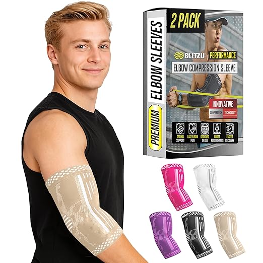 BLITZU Elbow Compression Sleeve for Tendonitis 2 Pack, Tennis Elbow Brace Support for Men and Women Golfers Elbow Pain Relief, Arthritis, Bursitis, Arm Brace for Workout, Weightlifting Nude L