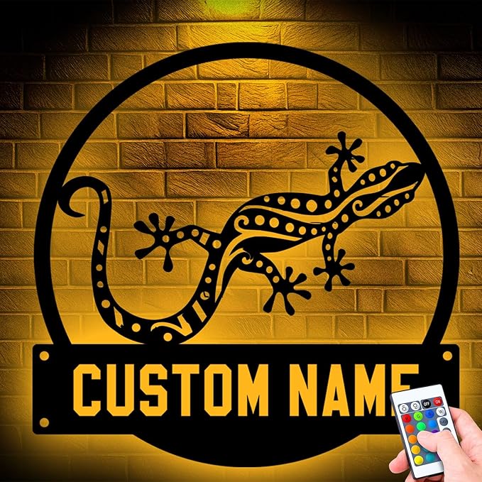 Custom Gecko Metal Sign with LED Lights, Personalized Metal Wall Art for Home Decor, Unique Hanging Gift Idea for Gecko Lovers, Stylish Indoor & Outdoor Decor, Perfect for Any Space
