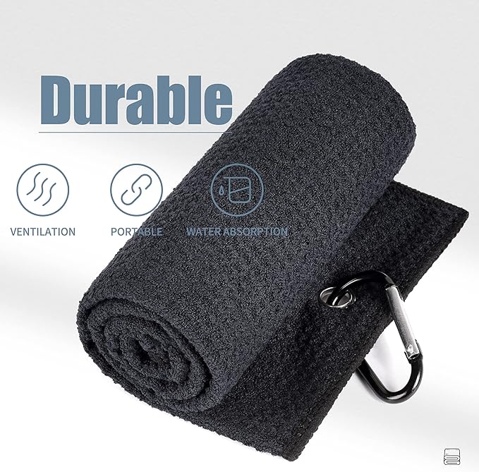 Mile High Life Tri-fold Golf Towel | 16" X 24" | Premium Microfiber Fabric | Waffle Pattern | with Heavy Duty Carabiner Clip | for Men and Women (Black)