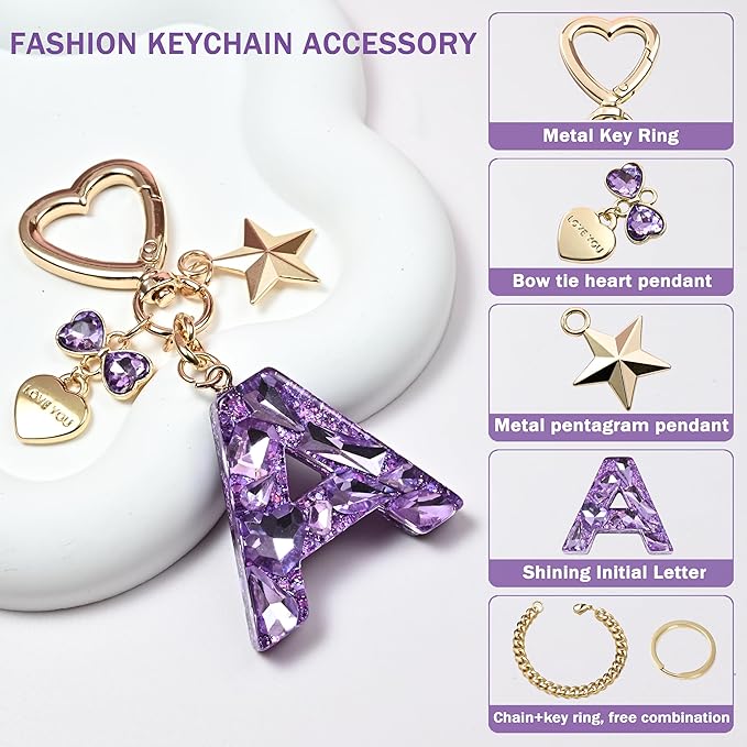 Cute Bling Keychain initial Letter Butterfly Star Pink Purple Gift for Women Girls Bag Cup Charms Accessories