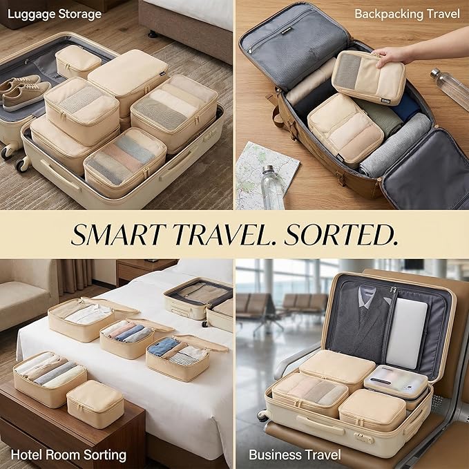 6 Set Compression Packing Cubes for Travel, Large Medium Small Luggage Organizers, Storage Bags for Clothes and Essentials (6 Pack, Mist Khaki)
