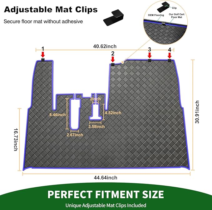 Golf Cart Floor Liner Mat 8mm Thick Rubber Full Coverage Only Fit for 2007-2016 Yamaha Drive (Gen1), G29, YDR, Adventurer Carts Diamond Deluxe Non-Slip Front Feet Mat Replacement - Blue Trim