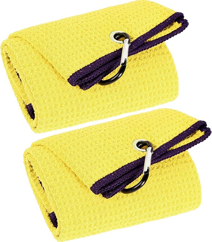VIVIDLY 2 Pack Tri-fold Golf Towels, Premium Microfiber Fabric Waffle Pattern with Black Heavy Duty Carabiner Clip, Yellow Golf Towels for Golf Bags for Men (Yellow)