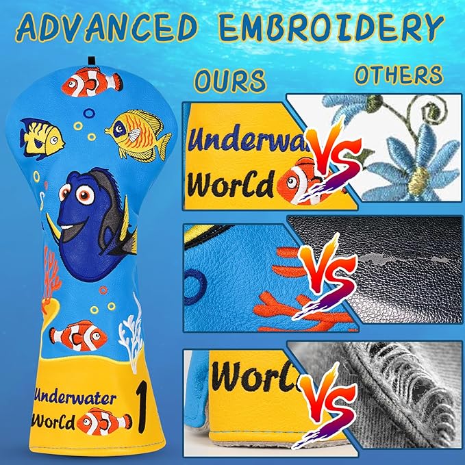 Golf Club Head Covers, Underwater World Driver Headcover Hybrid Headcover Fairway Wood Head Covers Magnetic Blade Putter Cover with Interchangeable Tags for All Brand