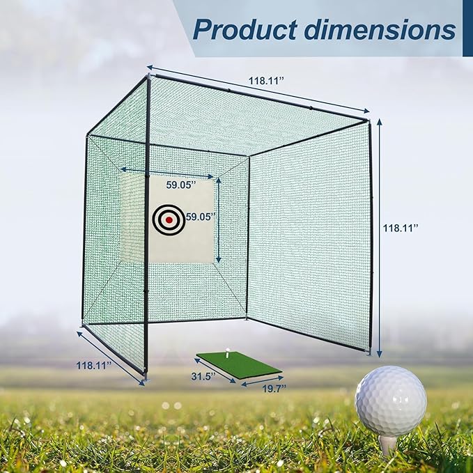 10x10x10 FT Golf Practice Hitting Net Cage with Metal Frame & Target - Indoor Outdoor Portable Training Net for Driving Chipping - Includes Mat & Accessories