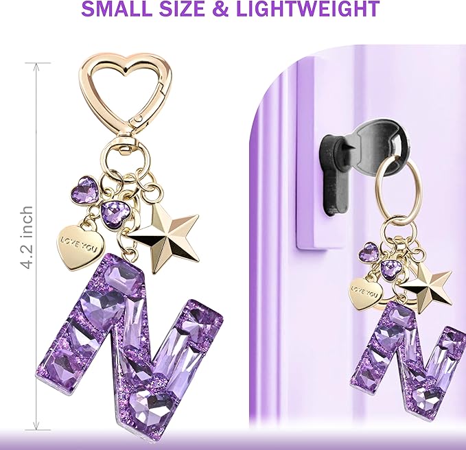 Cute Bling Keychain initial Letter Butterfly Star Pink Purple Gift for Women Girls Bag Cup Charms Accessories