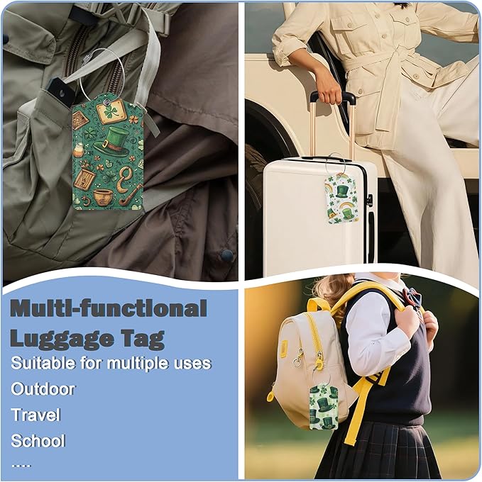 3 Pack Luggage Tag for Suitcase Leather Travel Cruise Luggage Tag with Stainless Steel Loop Name ID Label Privacy Cover for Adults Teens Travel Bag Labels Set (St. Patrick’s Day)
