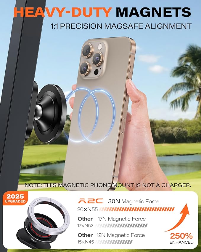 A2C Alloy Magnetic Golf Cart Phone Holder Mount Compatible with MagSafe iPhone 17 Pro Max 16 15 14 13 12 Mini Fits EZGO, Club Car, Yamaha, Icon, Golf Accessories for Men Women Essentials Gift (Black)