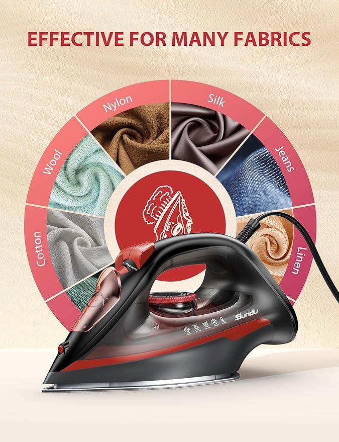 Steam Iron for Clothes 15s Fast Heat-up, 1500W Iron with 13.21oz Water Tank, Non-Stick Ceramic Soleplate, Anti-Drip, Auto-Off, Burst Steam, Self-Cleaning, Ironing Clothes for Home