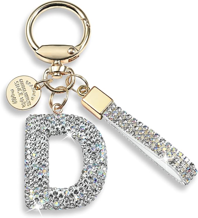 Pink Blue White Initial Letter Keychain Gift for Women Girls Bling Sparkly Cute Backpack Car Key Accessories Lanyard