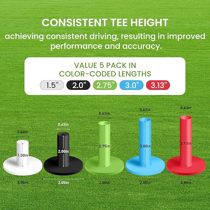 FINGER TEN Golf Rubber Tee Driving Range Value 5 Pack for Indoor Outdoor Practice Mat, Tee Adaptor Size 1.5’’ 2.0’’White Black Tee Holder Set for Hitting Mats