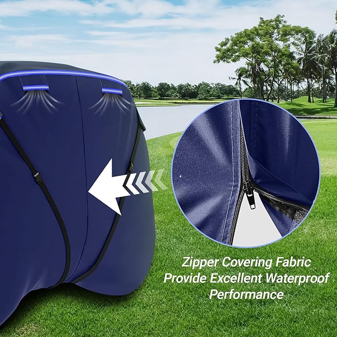 Golf Cart Cover Suitable 2+2/4 Passenger for Yamaha/EZGO Club Cart Heavy Duty 420D Waterproof Windproof Golf Cart Cover All-Weather Protection with Zipper Door Blue/Gray