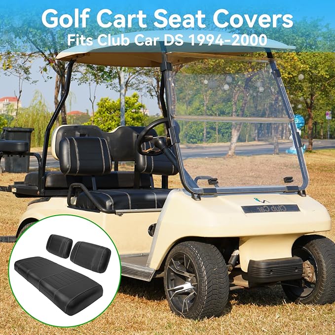 Golf Cart Seat Covers fits Club Car Precedent/DS/EZGO RXV/TXT/Yamaha Front Rear Seat Cushion，Black Leather Custom Stripe Soft Comfortable/Anti-Scratch/Easy to Clean