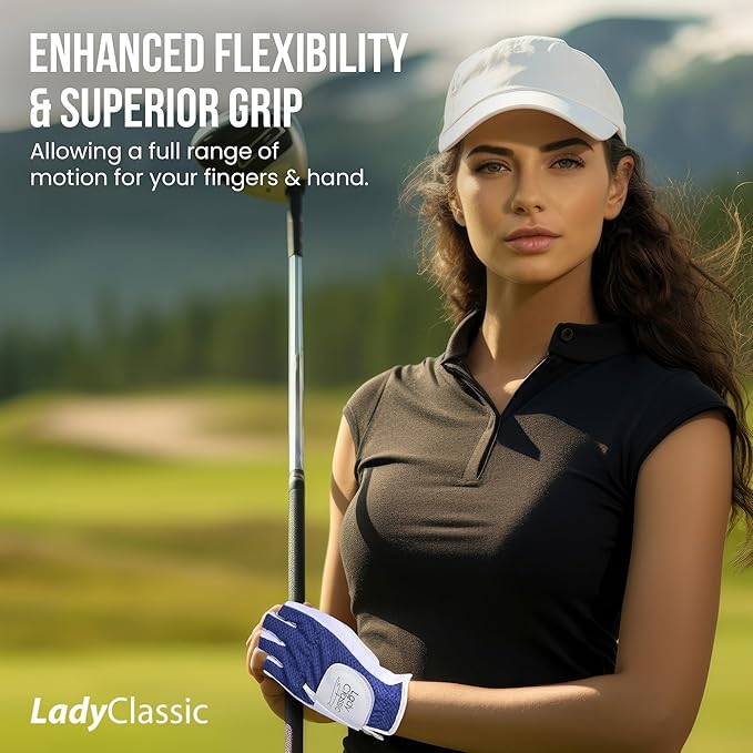 Mesh Half Golf Glove for Women – Premium Cabretta Leather Palm, Breathable Mesh Back, Half-Finger Design Ladies Golf Glove for Enhanced Grip & Comfort