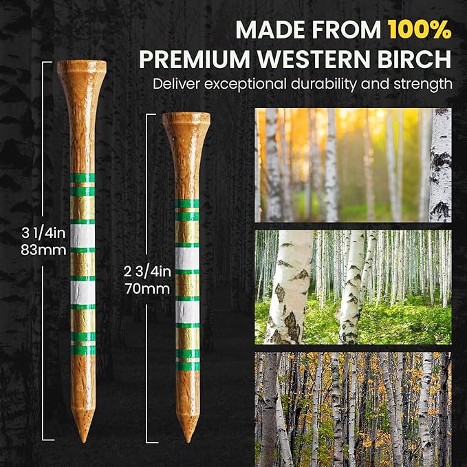 Amy Sport Golf Tees Western Birch Wood 5X More Durable 5X Stronger Value 50 Pack 1 1/2 2 3/4 3 1/4 Inch, Reduce Friction Wooden Long-Lasting, Spin Tall Sturdy Base for Stability