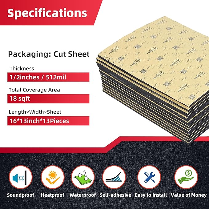 Sound Deadening Mat 1/2inch(13 mm) 18.47sqft - Closed Cell Foam Car Sound Deadening Material - Self-Adhesive Hood Insulation Heat Shield Auto Sound Dampening