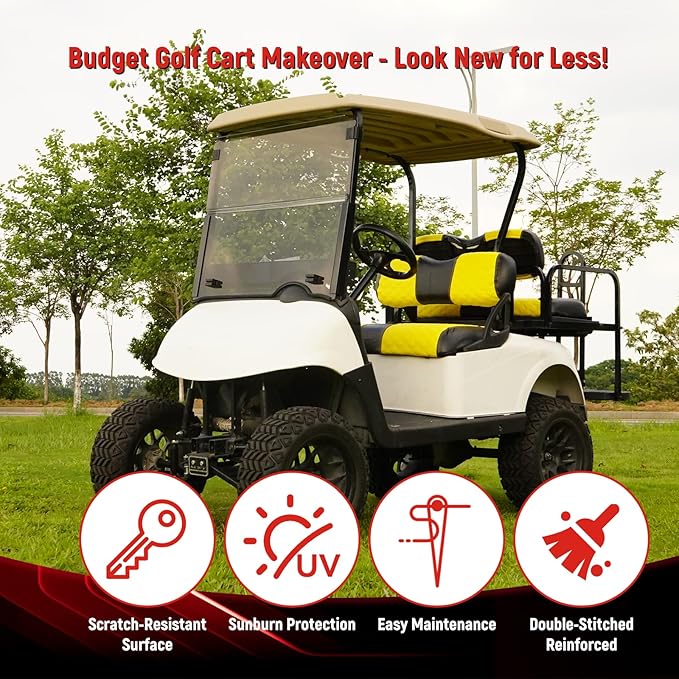 Golf Cart Front and Rear Seat Covers Waterproof and Sun Resistant Marine Grade Vinyl Leather Seat Cover Accessories for EZGO RXV 2008+, Yellow(4PCS)