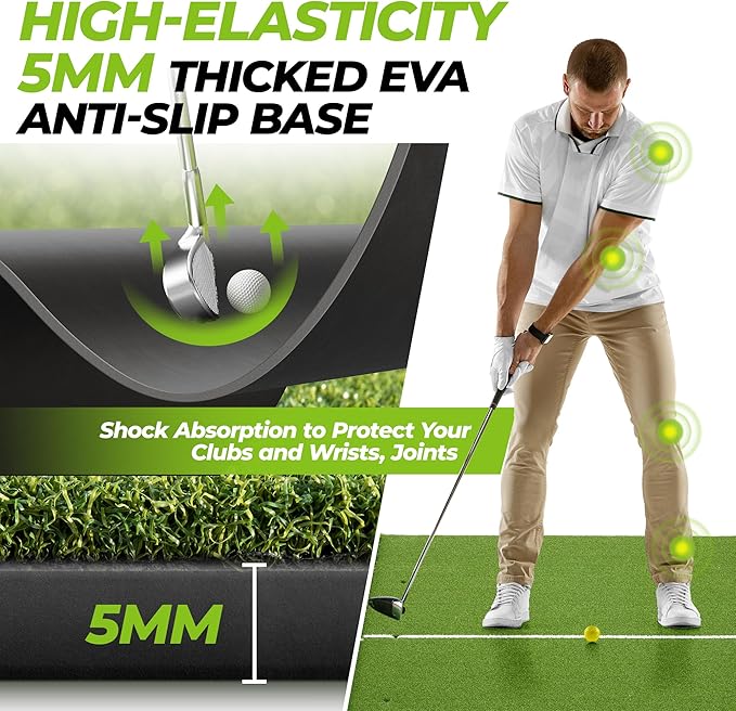 Golfguru Golf Mat 5x4ft-16mm/21mm/26mm Thickened Dual Turf Golf Hitting Mat with Alignment Aid, Dense Elite Mats Practice Outdoor Indoor, Chipping Training Matt for Backyard Garage Driving Simulators