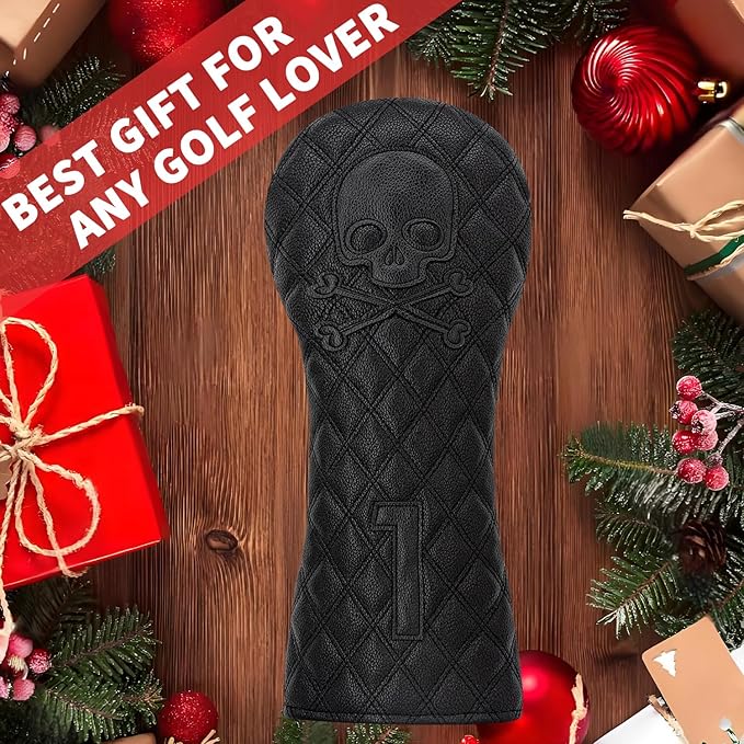Grid Black Line Skull Golf Club Covers – Driver Headcover, Fairway Wood & Hybrid, 3 Wood Headcover, Black Skull Leather, Waterproof Easy-Clean, Universal Fit The Most Brands