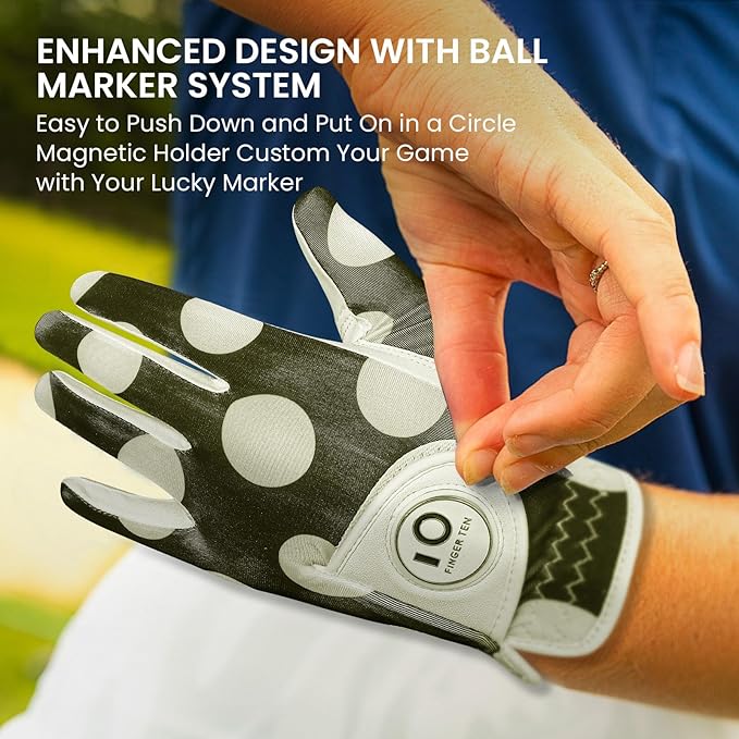 FINGER TEN Stylish Golf Gloves Women with Ball Marker 1 Pack for Left or Right Hand, Breathable Glove with Fashion Patterns for Ladies Right Left Handed Golfer