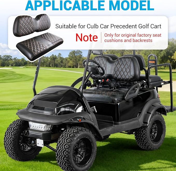 Golf Cart Diamond Seat Covers Kit Suitable for Club Car Precedent Standard Front Seat Cushion, Club Car Front Seat Covers Kit No Drilling & Waterproof (Black PVC Leather & Brown Stitching)