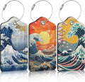 3 Pack Japanese Ocean Wave Luggage Tags for Suitcase Great Waves PU Leather Travel Luggage Tag Privacy Cover ID Label for Women Men Baggage Backpack Handbag School Bag