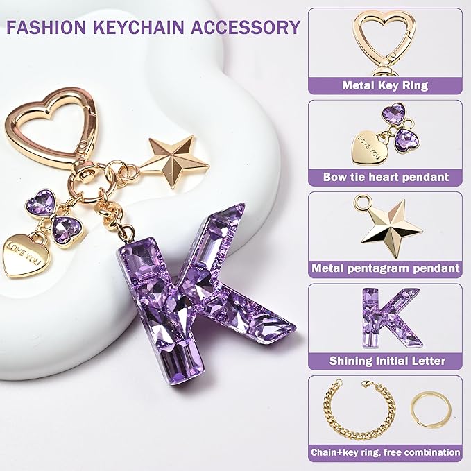 Cute Bling Keychain initial Letter Butterfly Star Pink Purple Gift for Women Girls Bag Cup Charms Accessories