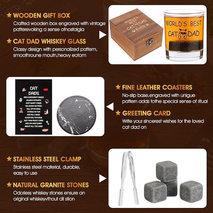Cat Dad Gifts, Best Gift for Dad, Gift with 12oz Whiskey Glasses, Stones, Coaster, Wooden Box for Catfather