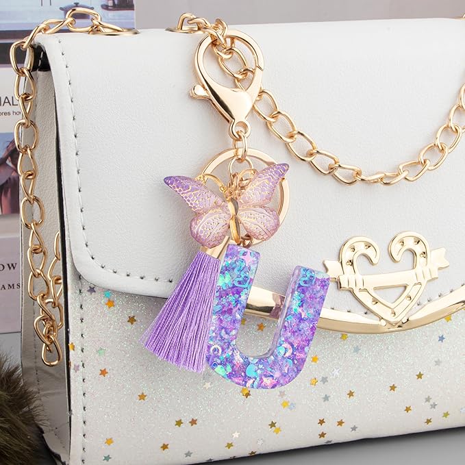 Suweibuke Colourful Cute Initial Letter Keychains for Women Girls with Tassel Butterfly, Charm for Purse Handbags Backpacks