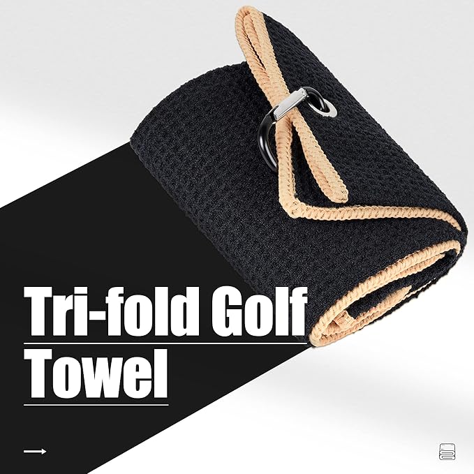 Mile High Life Tri-fold Golf Towel | Premium Microfiber Fabric | Waffle Pattern | with Heavy Duty Carabiner Clip | for Men and Women (2 Pack Black/Yellow)