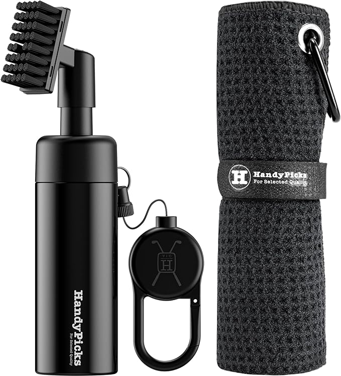 Handy Picks Golf Club Cleaner with Water Bottle Holds 5.5 OZ, Heavy Duty Metal Retractable Magnetic Clip, Waffle Microfiber Golf Towel, Ideal Water Brush Combo