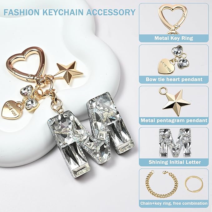 Cute Bling Keychain initial Letter Butterfly Star Pink Purple Gift for Women Girls Bag Cup Charms Accessories