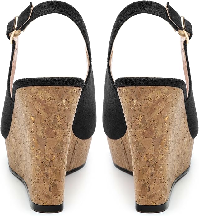 Womens Wedge Platform Sandals Peep Open Toe Slingback Buckle High Heel Dress Shoes Pumps Suede 3.94 Inch