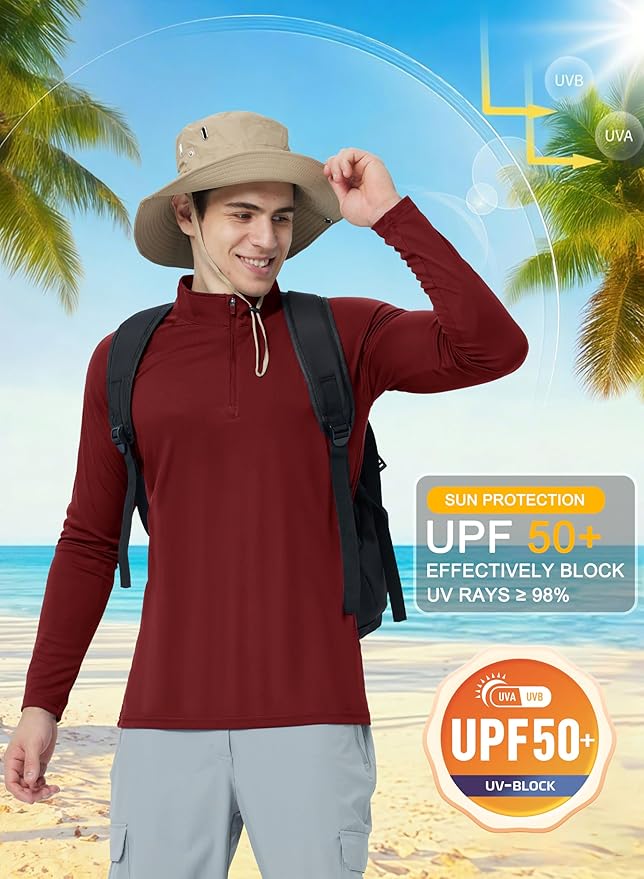 CRYSULLY Men's Long Sleeve 1/4 Zip Shirts Sun Protection Pullover UPF 50+ Rash Guard Running Lightweight T Shirt