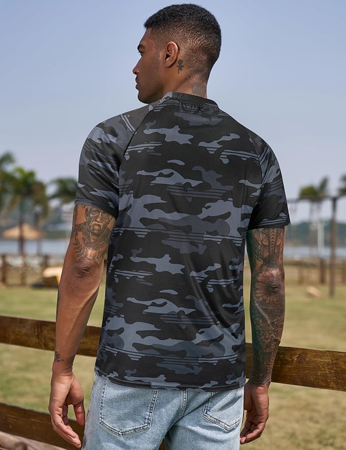 TAPULCO Mens Collarless Golf Shirts Short Sleeve Dry Fit Stretch Casual Breathable Lightweight Tshirts