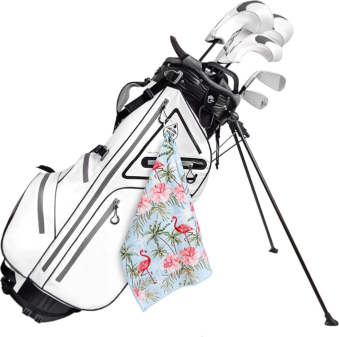 Microfiber Golf Towels for Golf Bags & Carts - Premium Weave Waffle & Ball Towels with Carabiner Clip, Essential Accessories for Men, Women, and Kids, Golfer Gifts, Set of 2 (Flamingo Paradise)