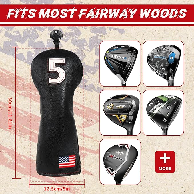 Golf Head Covers, American Flag Patriotism Golf Club Cover for Woods and Driver, Fairway, Hybrid - Premium Leather Golf Club Head Covers with Interchangeable Tags