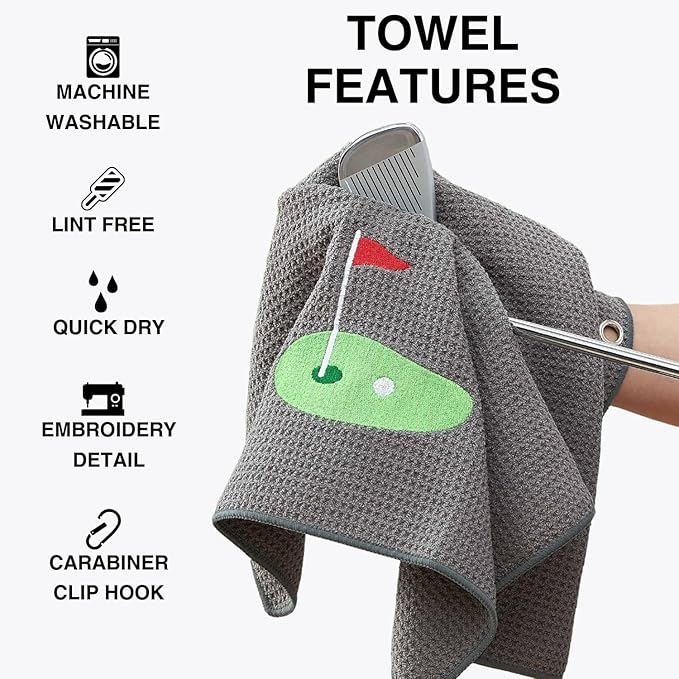 Embroidered Golf Towel Set – Custom Towels for Golf Bags & Carts – Golf Accessories & Gifts for Kids, Men, & Women – Microfiber Waffle and Ball Towels – Putting Design - 2-Pack