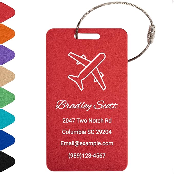Personalized Luggage Tags for Suitcases Custom Metal Name Tags for Backpacks Bags Travel - Vertical (Red)