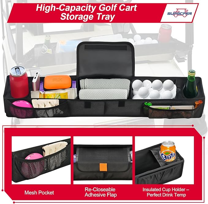 Golf Cart Front Storage Basket, No-Drilling Organizer Tray With Cooling Compartment & Insulated Cup Holders, Universal Storage Tray Fit for EZGO Club Car Yamaha Golf Carts (Black, 1680D Oxford Fabric)