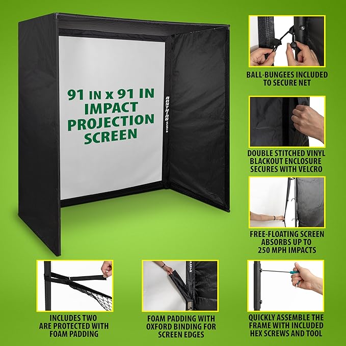 Complete Golf Simulator Enclosure Package – 4K-Ready Impact Screen with Blackout Cage, Frame Poles, Side Shank Nets & Sandbags | Indoor & Garage Practice | Easy Setup | 12-Month Warranty